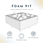 Diagram of a foam pit with dimensions and safety features on a white background