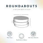 Roundabouts product with dimensions and features on a gradient background