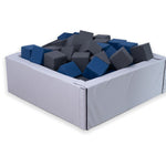 Box of blue and gray foam blocks on a white background