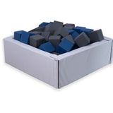 Box of blue and gray foam blocks on a white background