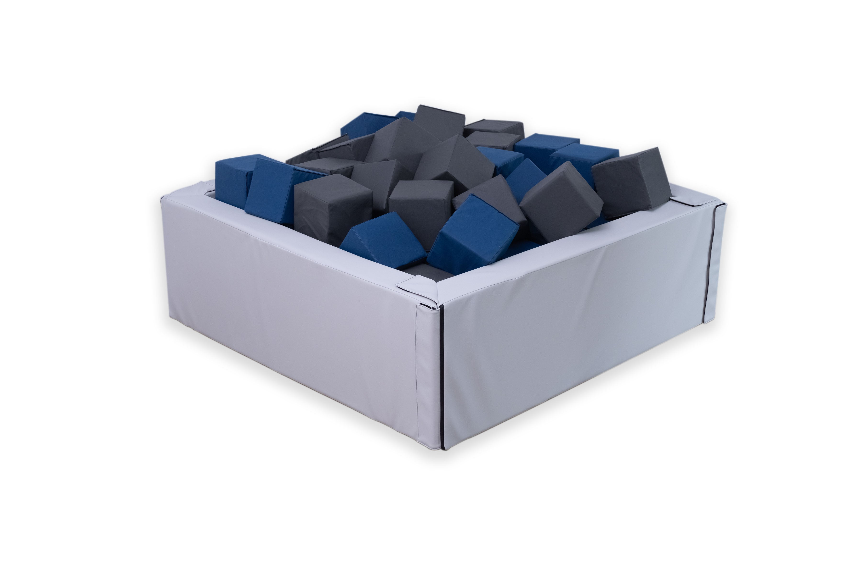 Box of blue and gray foam blocks on a white background