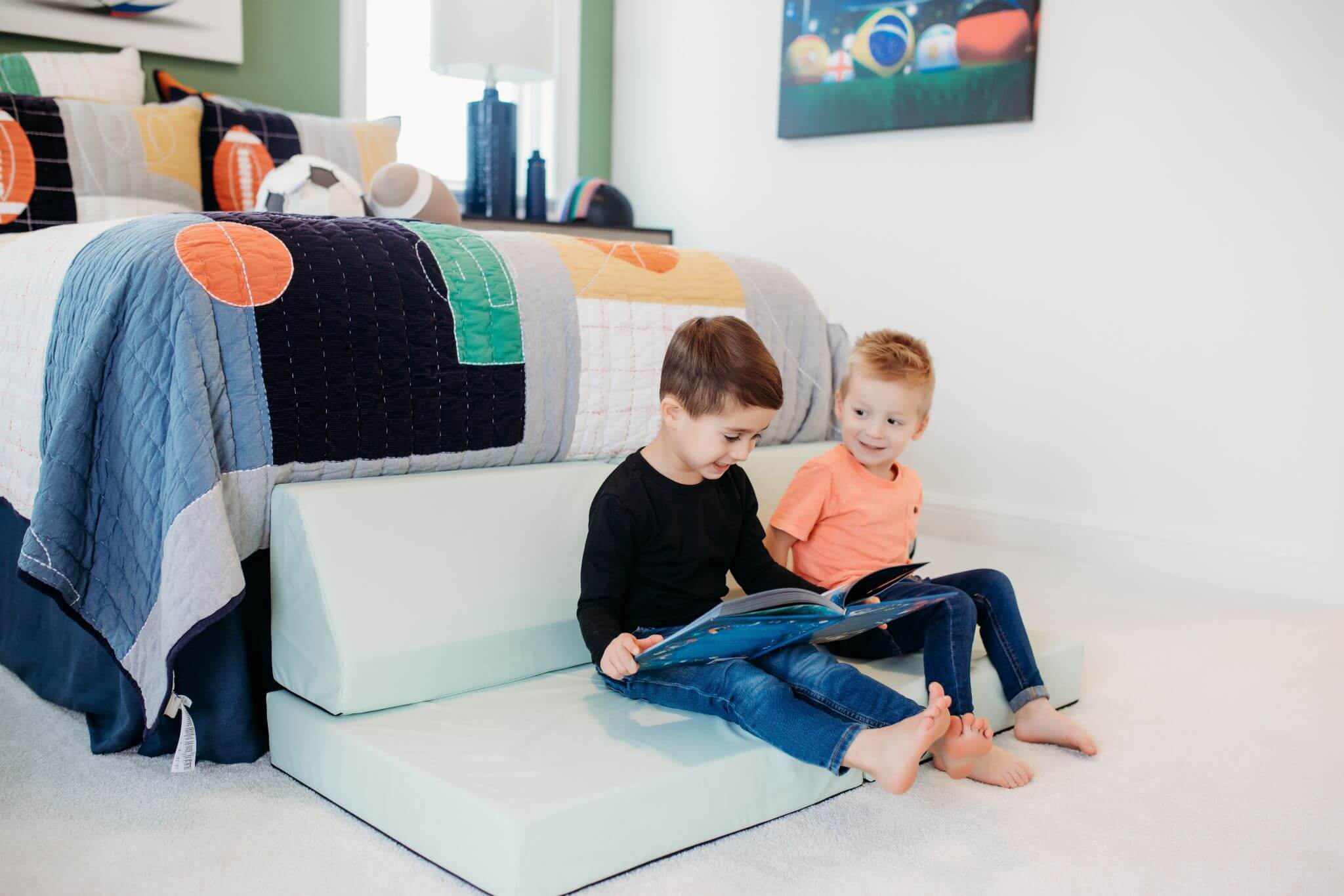 Lifestyle Photo of two boys reading on an Enhanced Sage Blocksy Mini