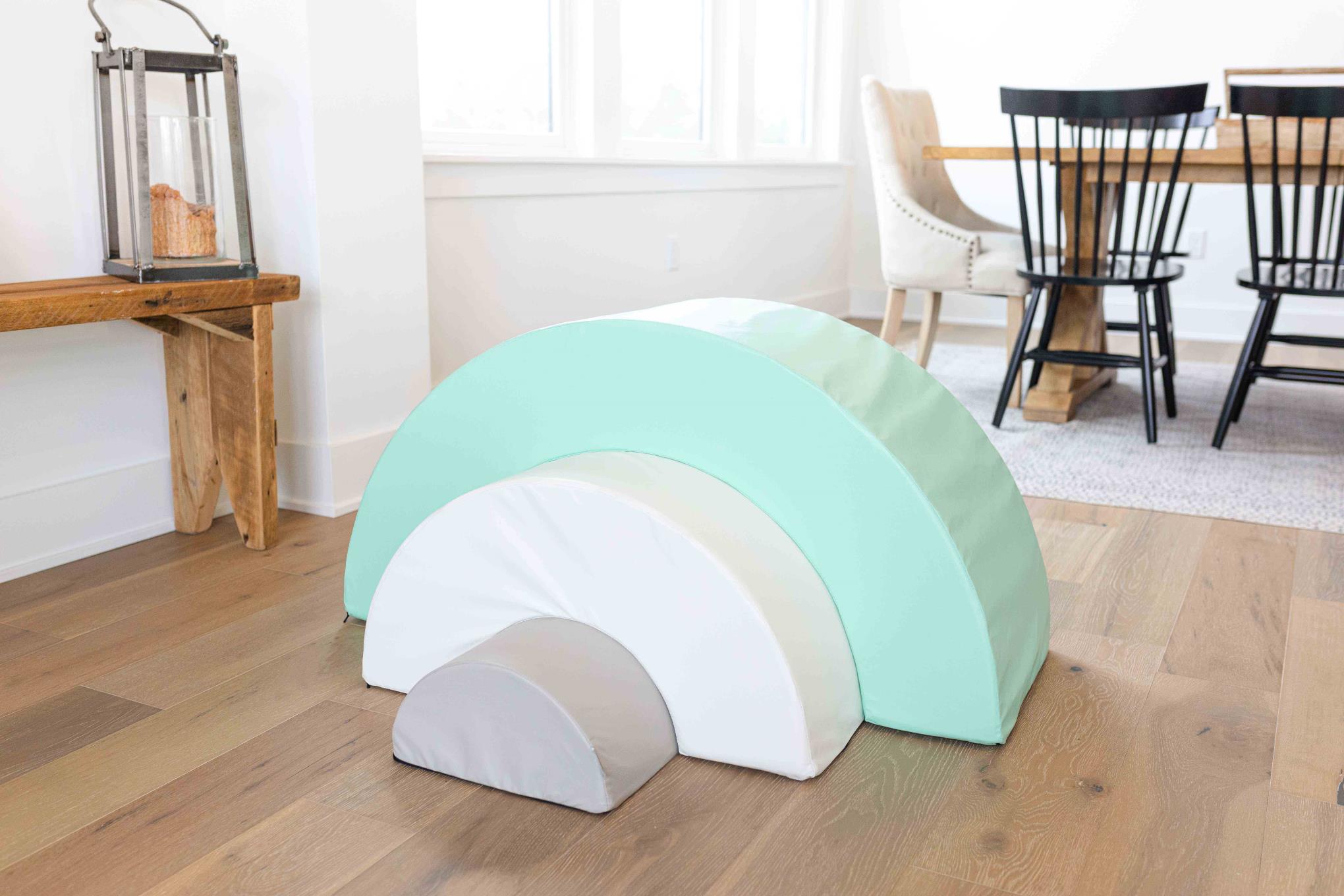 Lifestyle Product Photo of a Mint, White, and Gull Gray Foamnasium Bridges Set