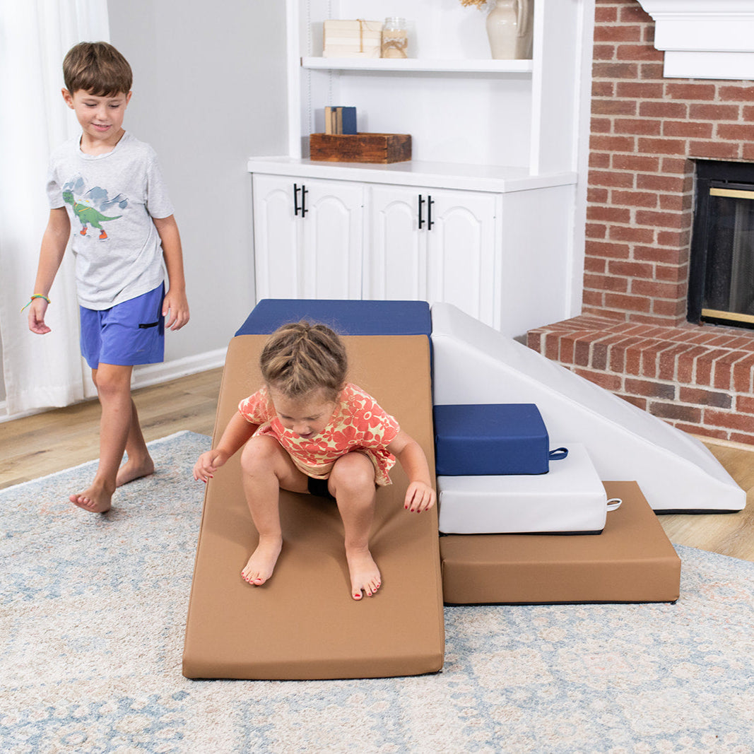 Two kids playing on Foamnasium Corner Climber