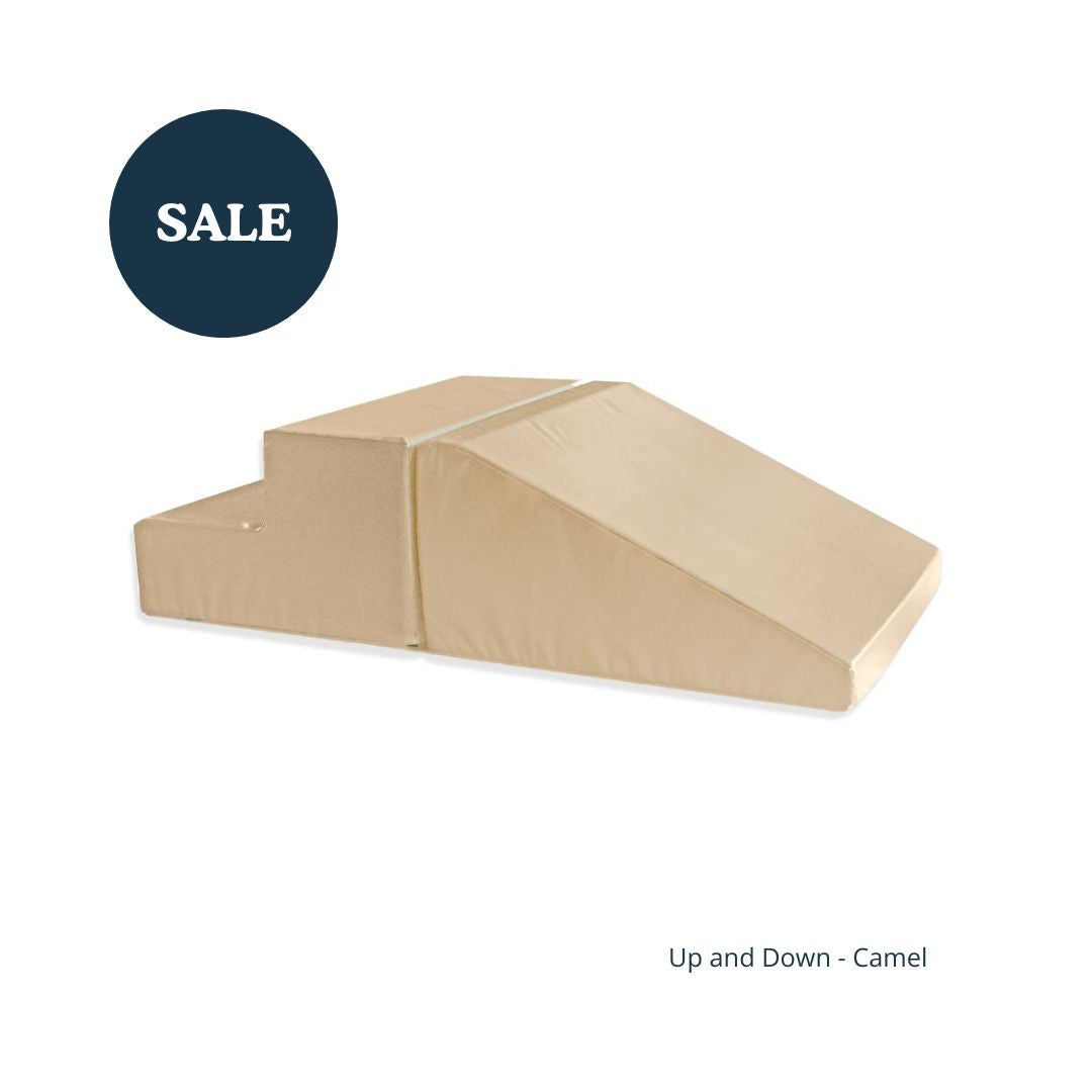A camel-colored wedge step ramp with an attached small step, shown on a plain white background with a dark blue 'SALE' badge in the top left and the text 'Up and Down - Camel' in the bottom right.
